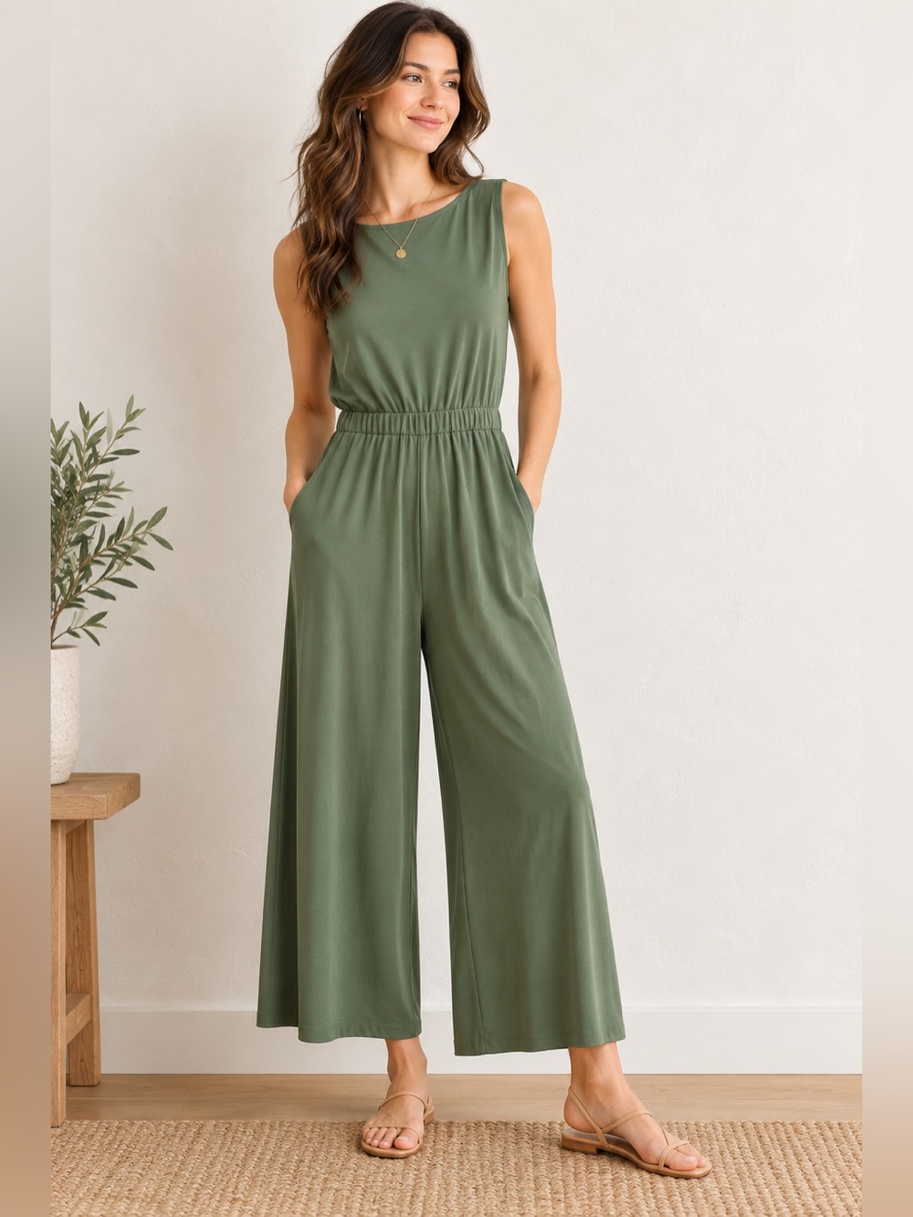Banana Republic Petite XS Modal Wide Leg Jumpsuit Olive Green